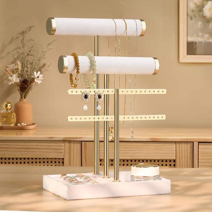 3 Tier Bracelet Holder Display - Detachable T Bar White Velvet Bracelet Holder, Jewelry Holder Organizer for Bracelet, Necklace, Earrings, Rings