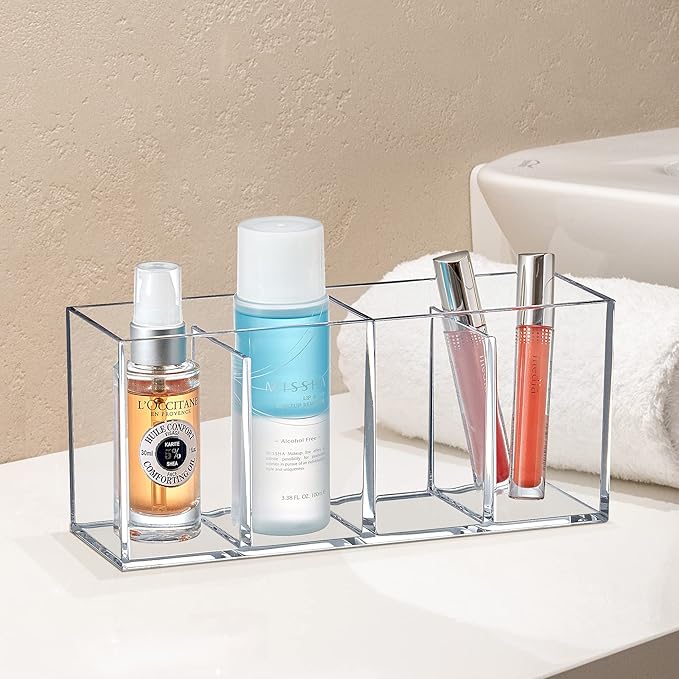 Amazing Abby - Glamour - 2-Pack Acrylic 4-Compartment Makeup Organizer, Transparent Plastic Makeup Brush Holder, Perfect Bathroom Vanity Storage Solution for Makeup Brushes, Eyebrow Pencils, and More-NeatNest