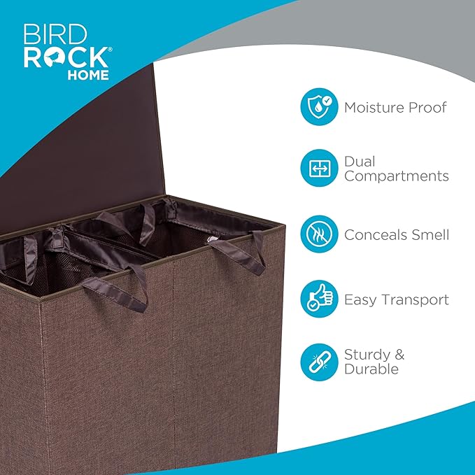 BIRDROCK HOME Laundry Hamper with Lid | Removable Bags for Sorting Clothes | Sectioned Laundry Basket for Bedroom & Bathroom | Collapsible Storage Bin with Cover | Double, Brown-NeatNest