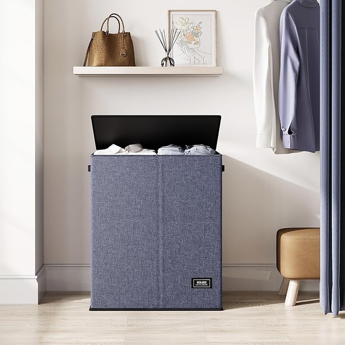 SOLEDI Large Double Laundry Hamper with Lid, Collapsible Clothes Hamper 2 section with Removable Bags, Space-Saving Laundry Basket for Bedroom, Dorm, College-NeatNest