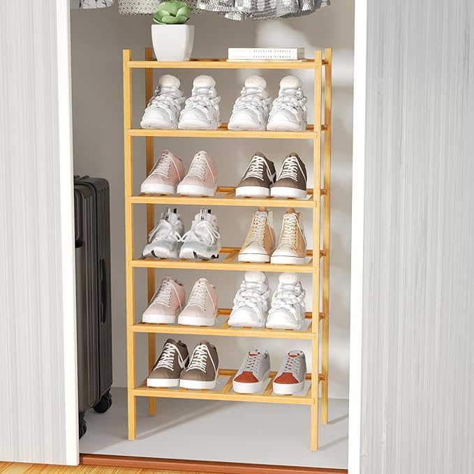 6-Tier Bamboo Small Shoe Rack, Free Standing Wood Shoe Shelf Storage Organizer for Closet Entryway Stackable (Natural)-NeatNest