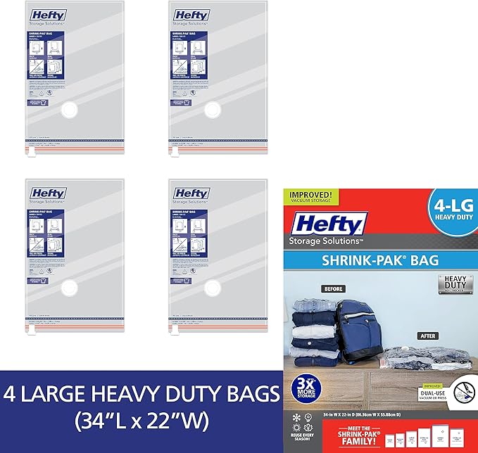 Hefty Shrink-Pak Heavy Duty Vacuum Storage Bags – For Clothes, Pillows, Towels, Blankets & More – Space Saver Vacuum Suction Seal for Home or Travel – 4 Large Bags, 34 x 22 Inches-NeatNest