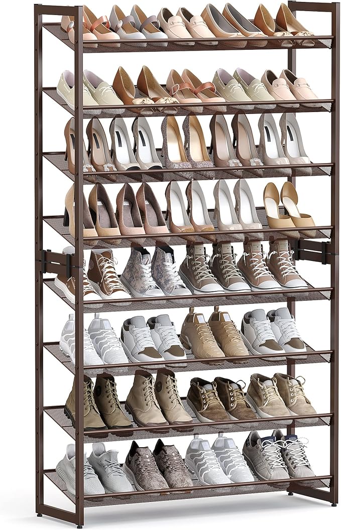 SONGMICS Shoe Rack, 8-Tier Shoe Organizer, Metal Rack for Garage, Set of 2, 4-Tier Stackable Shelf, with Adjustable Flat or Angled Shelves, 32-40 Pairs, Bronze ULMR08A-NeatNest
