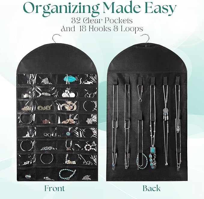 Flexzion Hanging Jewelry Organizer – (1 Pack) Black 32 Clear Pockets & 18 Hooks & Loops, Non-Woven Bag Dual Side Earring Storage Display Holder with for Necklace Bracelet Sunglasses-NeatNest