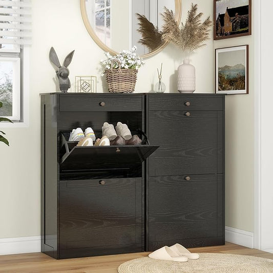 Shoe Storage Cabinet with 2 Flip Doors Set of 2, Wooden Narrow Shoe Cabinet Organizer with Drawer, Freestanding Hidden Shoe Rack with Adjustable Shelf for entryway, Hallway, Living Room, Black-NeatNest