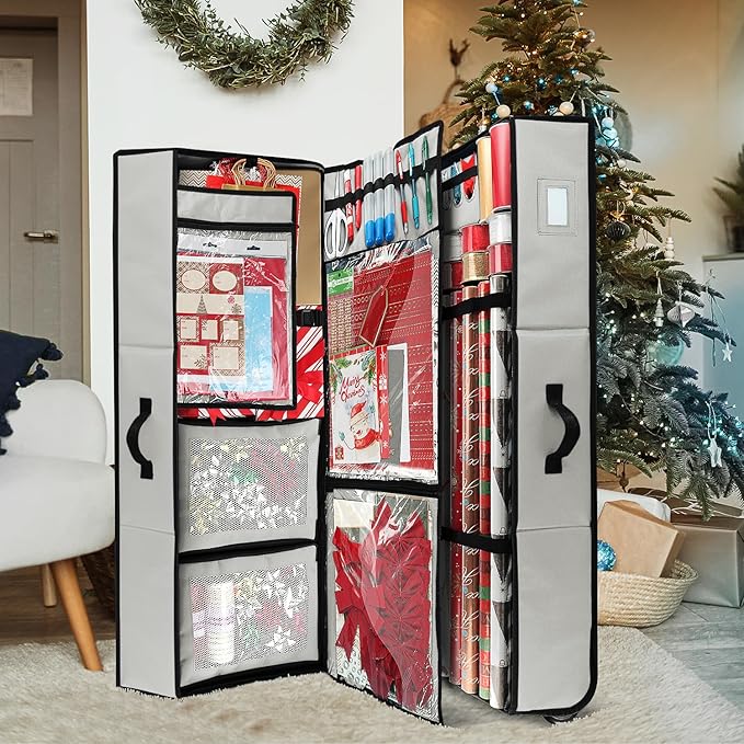 Hearth & Harbor Wrapping Paper Storage Container with Ribbon Dispenser and Interior Pockets - Large Christmas Storage Containers with Wheels, Fits 30 Rolls of 40" Length, Silver-NeatNest