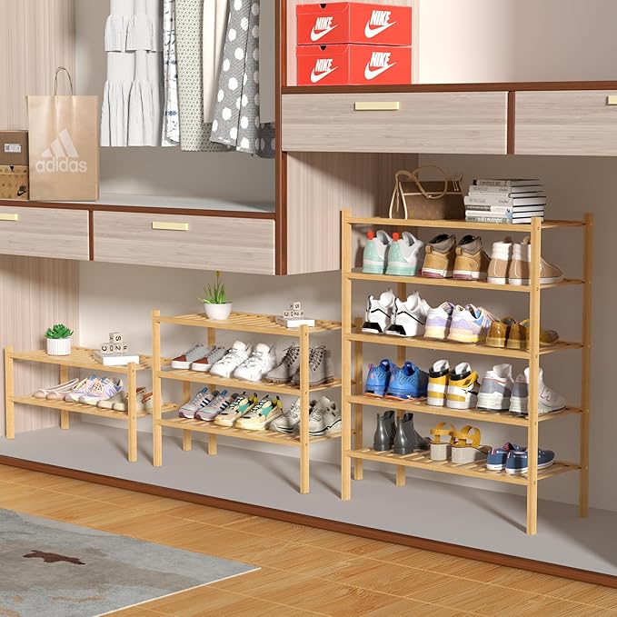 5 Tier Bamboo Shoe Rack for Closet Free Standing Wood Shoe Shelf for Entryway Small Space Stackable 27"x11"x33" (Natural)-NeatNest