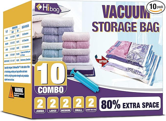 HIBAG Vacuum Storage Bags, 10-Pack Vacuum Seal Bags for Clothing Clothes, Space Saver Bags (2 Jumbo, 2 Large, 2 Medium, 2 Small, 2 Roll-up) with Pump (10-Combo)-NeatNest