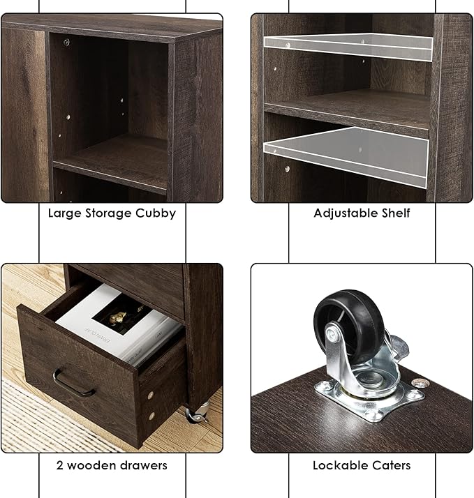 HOSTACK End Side Table, Narrow Nightstand with Storage Drawers and Adjustable Shelf, Rolling Bedside Table for Bedroom, Living Room, Home Office, Dark Brown, Set of 2