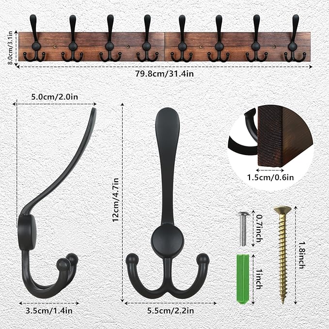 IBosins Wall Mounted Coat Rack, 31-2/5'' Long, Entryway Hanging Rack, Metal Wood Coat Hooks Rack with 8 Black Rustic Tri-Hooks Rail for Coat, Bag, Towel, Key, Hat, Umbrella-NeatNest