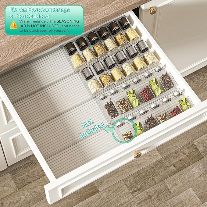 AMBIRD Spice Drawer Organizer, 4 Tier-2 Set Clear Spice Rack Tray Expandable From 11'' to 22'', Seasoning Organizer with non-slip tape for Kitchen, Cabinet, Drawers, Countertop(JARS NOT INCLUDED)-NeatNest
