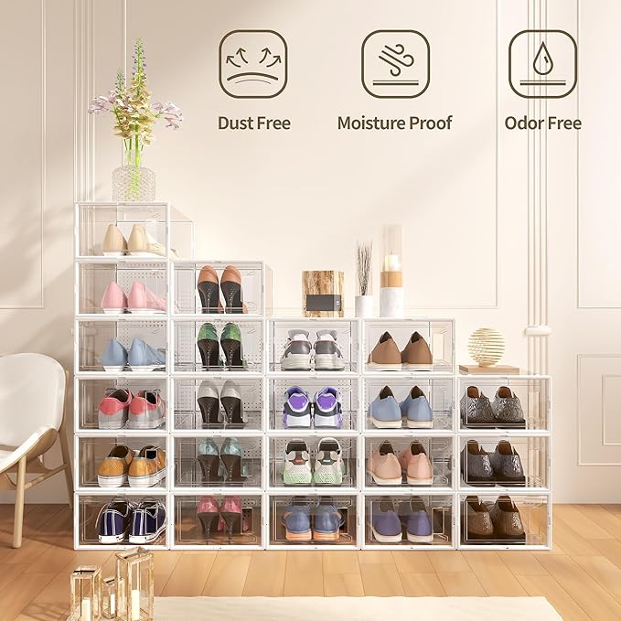 12 Pack XX Large Shoe Organizer Storage Boxes for Closet, Modular Space Saving Shoe Boxes Clear Plastic Stackable Sneaker Containers Display Case with Lids, Pearl White-NeatNest
