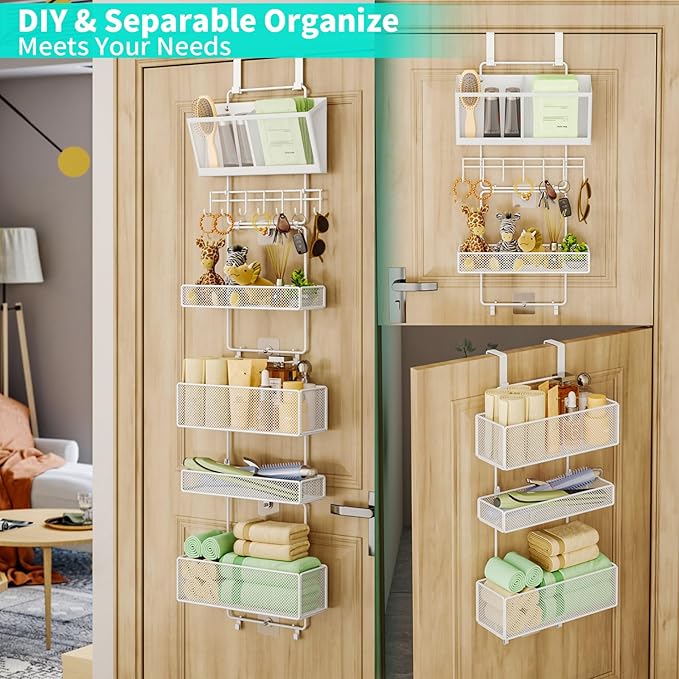 HapiRm Over Door Organizer Hanging - 6 Tier Over The Door Storage with Visual Pockets & Hooks, with 4 Metal Large Capacity Baskets for Bathroom Bedroom Kitchen Pantry Cabinet