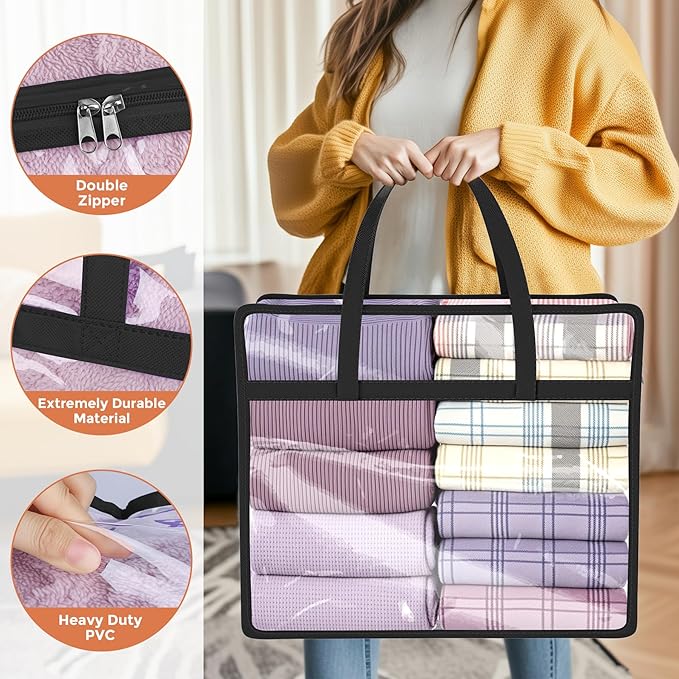 Budding Joy 6 Pack Clear Zippered Storage Bags for Clothes,40L Closet Organizers and Storage Containers Vinyl Moving Bag for Bedding, Linen, Blankets, Comforters, Clothing & Toys, Black-NeatNest