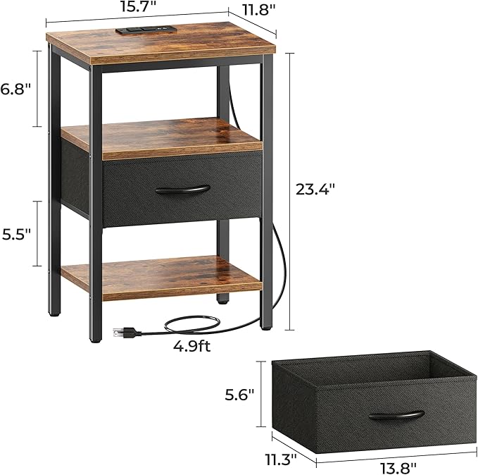 SUPERJARE Nightstand Set of 2, Bed Side Tables with Charging Station, Adjustable Fabric Drawer, Night Stand for Bedroom, 3-Tier Storage End Tables, for Living Room, Rustic Brown and Black