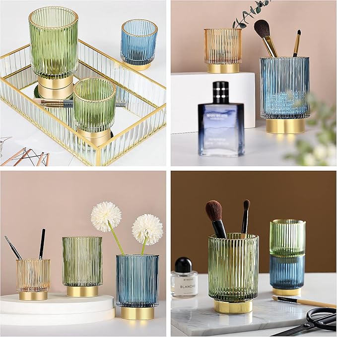 DASITON Makeup Brush holder Organizer,Crystal Cosmetic Makeup Brush Glass Brushes Storage Holder, Vintage Make Up Brush Cup Pen Pencil Holder striped vase(Green S)-NeatNest