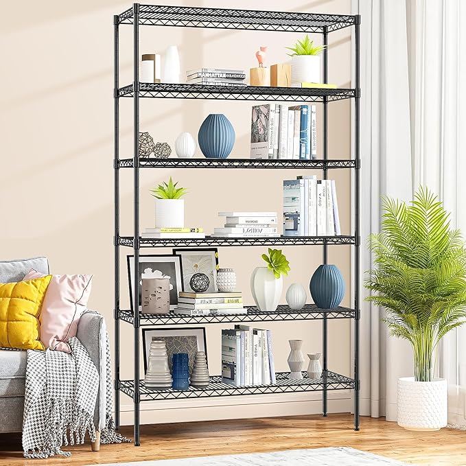 6-Tier Wire Shelf 72" x 16" x 42" Metal Storage Shelves - Whole Rack Can Hold 1500 Pounds - Adjustable Storage Racks NSF Wire Shelving Units for Basement Garage Kitchen, Black
