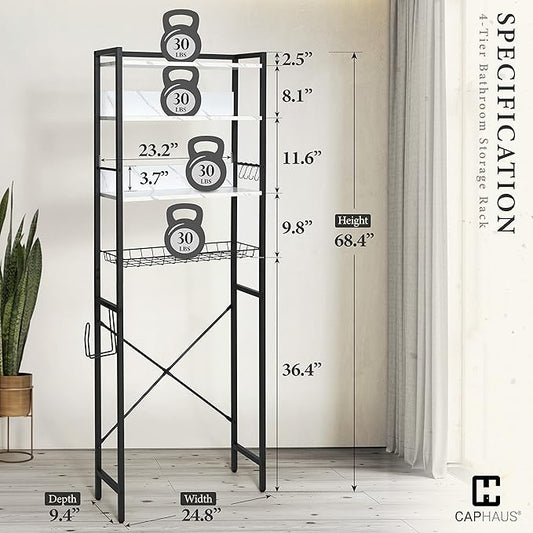 CAPHAUS Over The Toilet Storage, 4-Tier Bathroom Organizer, Freestanding Toilet Shelf, Multifunctional Space Saver Toilet Rack with 4 Hooks, Laundry Organizer, Plant Stand for Balcony (Marble White)-NeatNest