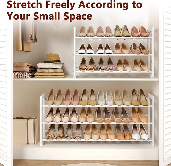 FAVOOSTY 3-Tier Expandable Shoe Rack, Adjustable Shoe Shelf Storage Organizer Space Saving Metal Free Standing Shoe Rack for Entryway Closet Doorway, White-NeatNest