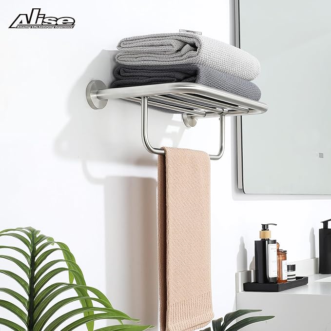 Alise 16 Inch Towel Racks for Bathroom, Foldable Towel Hanger Towel Shelf with Tower Bar, Heavy Duty Towel Holder, SUS 304 Stainless Steel Wall Mount Towel Rail, Brushed Nickel