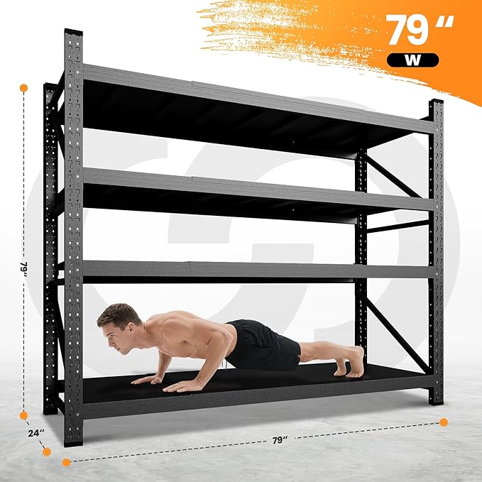 79” W Garage Shelving Heavy Duty, 7000LBS Metal Storage Shelves, 4 Tier Storage Rack Shelf, Steel Industrial Shelving, Adjustable Standing Shelf for Basement/Warehouse 79" W x 24" D x 79" H, Black-NeatNest