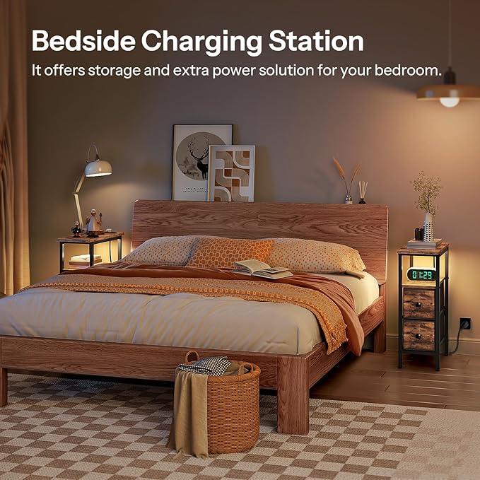 HOOBRO Narrow Side Table Set 2 with LED Light and USB C Port, Night Stand with Charging Station, Skinny End Table with 2 Fabric Drawers, for Bedroom, Living Room, Rustic Brown and Black BF487UDBZP201