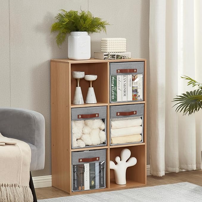 Storage Cube Organizer with Clear Window, Linen Collapsible Storage Boxes with PU Handles, Cube Storage Bins for Shelf, Closet, Cabinet, Bookcase (10.5x10.5x11, Gray)-NeatNest