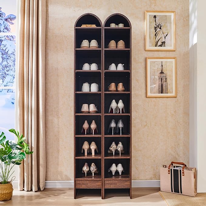 67" Tall Arched Shoe Storage Cabinet, 8 Tiers 8 Pairs Wooden Shoe Rack with 3 Adjustable Shelves, Freestanding Shoe Closet Shelf Organizer for Entryway, Hallway, Living Room (Brown)-NeatNest