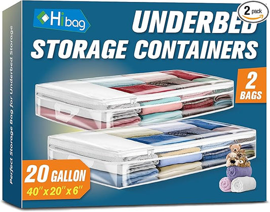 HIBAG 20 Gallon Under Bed Storage Containers, Underbed Clothing Storage Bins, Clear Plastic Organizer with Reinforced Handles, for Clothes Comforters Blankets Towels Pillows Bedding (2 Pack)-NeatNest