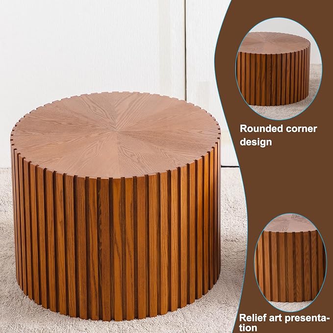 Nesting Coffee Table Set of 2 Wood Circle Drum Coffee Tables Set Contemporary Fluted Coffee Tables for Living Room & Small Space (Dark Wood Grain, 18.9+14.9in)
