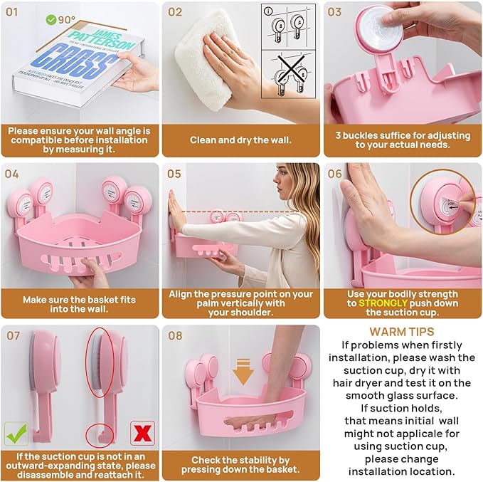 LEVERLOC Corner Shower Caddy Suction Cup, Shower Caddy Basket Powerful Suction Bathroom, Waterproof & Rustproof Organizer for Bathroom Storage, No-Drilling Removable (Pink)