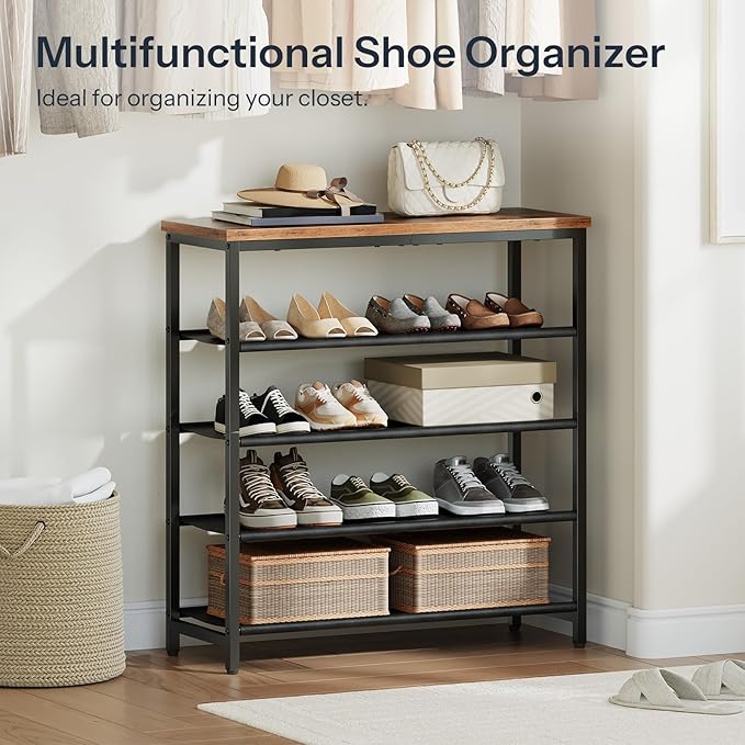 HOOBRO Shoe Rack with 4 PU Shelves, 5-Tier Shoe Storage Organizer for Closet and Entryway, Holds 12-16 Pairs of Shoes, Sturdy Metal Frame, Small Spaces, Rustic Brown and Black BF95XJ01-NeatNest