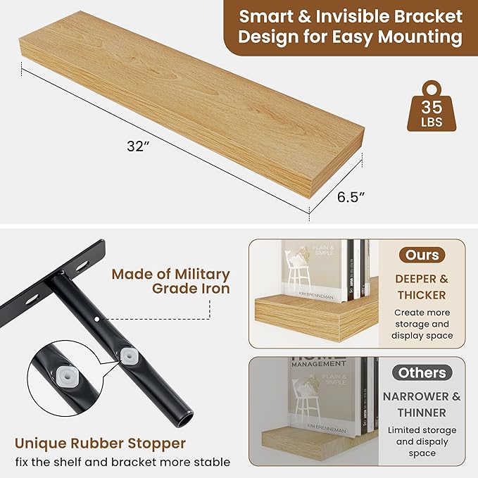 fuqing Floating Shelves for Wall, Bathroom Shelf Wall Mounted for Storage, Shelves with Invisible Bracket for Bedroom, Kitchen, Living Room, Farmhouse Small Book Shelf, 32 Inch Set of 2, Oak-NeatNest