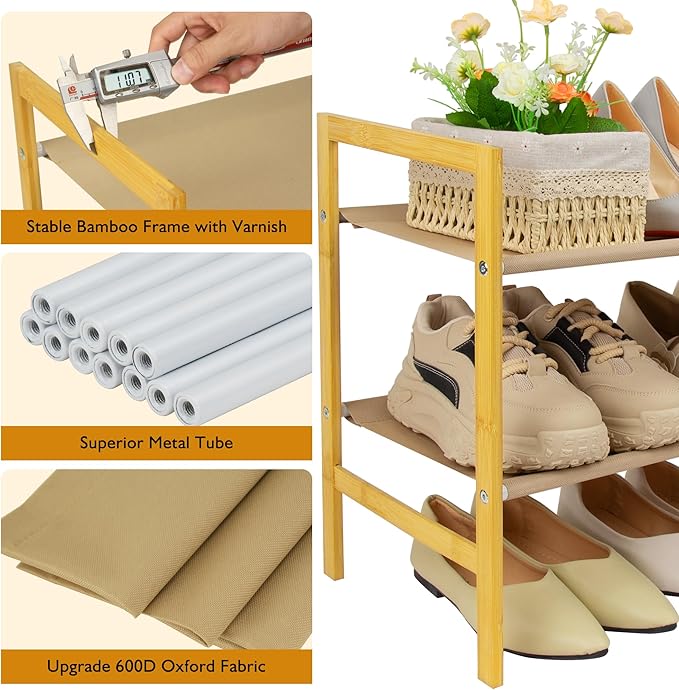 Long Shoe Rack for Closet Floor,2 Tier Wide Shoes Shelf Organizer,15-18 Pairs Bamboo Low Closet Shoe Stand Holders,Modern Sturdy Shoe Storage Rack for Entryway,49” x 11” x 17”-NeatNest