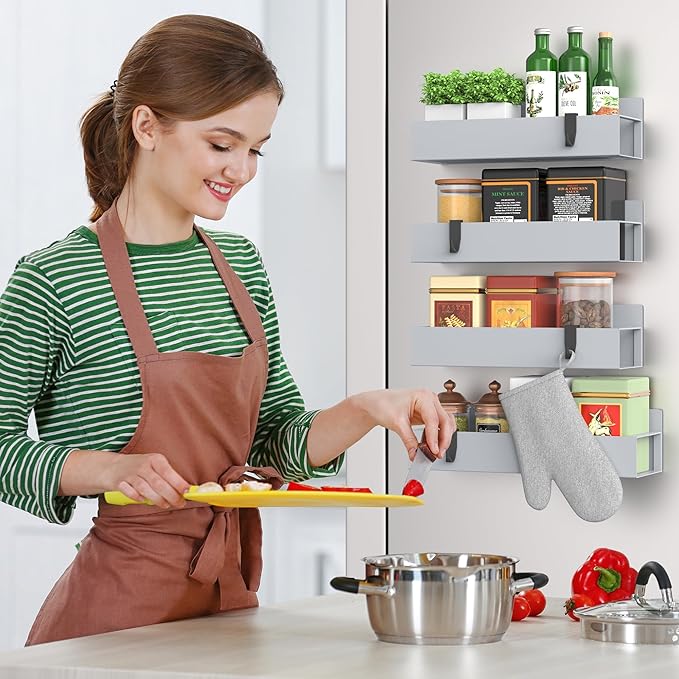 4-Piece Extra-large Capacity Magnetic Spice Rack for Refrigerator, Gray