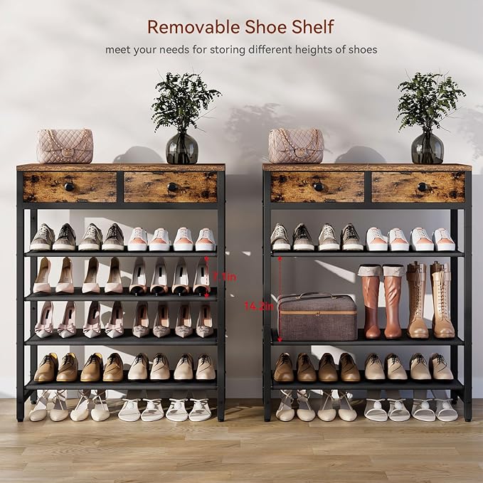 IBUYKE 5 Tier Shoe Rack, Metal Shoe Storage Organizer with 2 Drawers, Shoe Storage Rack for 12-16 Pairs of Shoes, Modern Shoe Stand with Fabric Shelf for Entryway Closet Bedroom, Rustic Brown TXJ040H-NeatNest