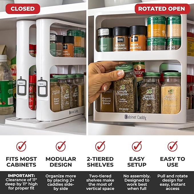 Cabinet Caddy Spice Rack Organizer for Cabinet - Slide & Rotate Kitchen Organizers and Storage - 2 Double-Decker Shelves - Non-Skid Base - Magnetic Modular Design - 10.8" H x 5.25" W x 10.8" D-NeatNest