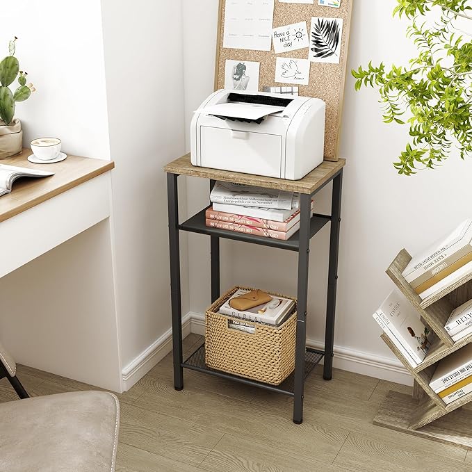 Hoctieon 2-Set 3 Tier End Table, Telephone Table Set of 2, Tall Side Table with Storage Set of 2, Small Nightstand for Small Spaces, Metal Frame, for Living Room, Bedroom, Sofa Couch, Hallway, Greige