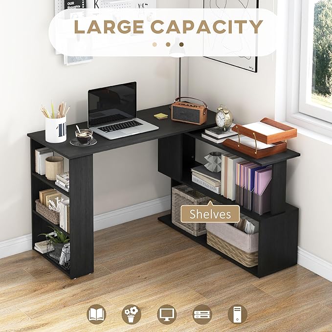 HOMCOM L Shaped Desk, Corner Computer Desk, 360 Degree Rotating Home Office Desk with Storage Shelves, Writing Table Workstation, Black-NeatNest