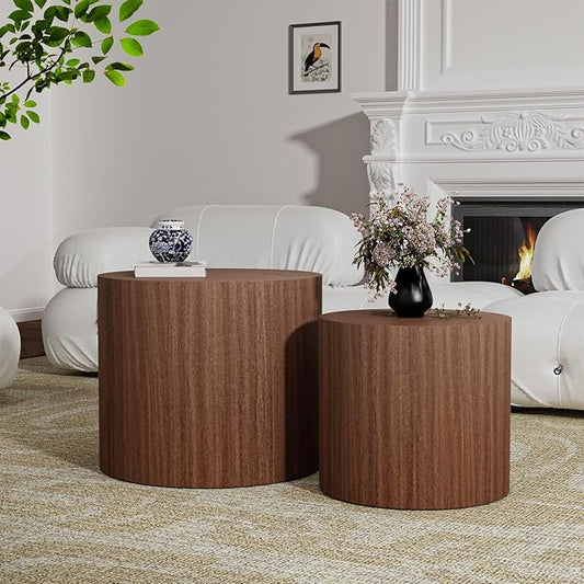 Nesting Coffee Table Set of 2, Modern Round Coffee Table with Non-Slip Feet, Wooden Circle Accent Tables for Small Spaces Living Room Bedroom Balcony Office Drum Side Table (C Walnut)