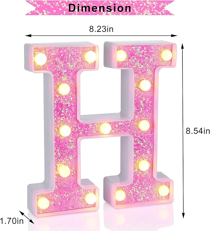 Foaky Pink Light up Letters，Pink Party Decorations,Girls Room Decor,Glitter Light Up Letters,Alphabet Letter Sign for Night Light Birthday Party Girls Gifts, Home Bar Decoration（H）-NeatNest