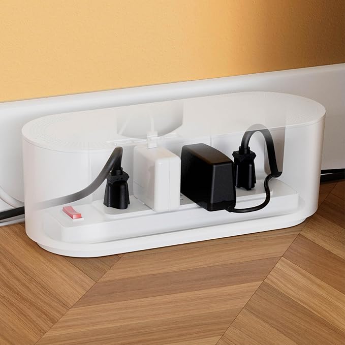 D-Line Cable Management Box, Power Strip Holder, Floor Outlet Hiders, Desk Cord Organizer, Cover TV Wires, Wire Storage, Extension Hider, Office Concealer for Cords, Baby Proof Cables - Large, White