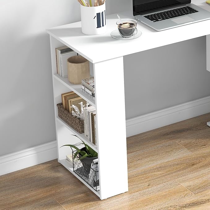 HOMCOM L Shaped Desk, Corner Computer Desk, 360 Degree Rotating Home Office Desk with Storage Shelves, Writing Table Workstation, White-NeatNest