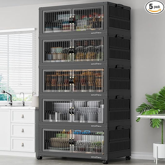 600Qt Stackable Storage Bins with 5 Lids, Extra Large Closet Organizer Collapsible Drawer Boxes with Wheels, Folding Plastic Cabinet Containers for Home Kitchen Room Organization, 5Pack Black