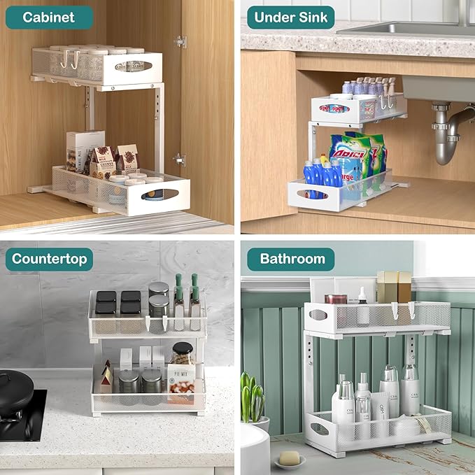 Under Sink Organizer, 2 Tier Metal Pull Out Under Sink Storage with Sliding Mesh Drawers, Height Adjustable Slide Out Under Sink Organizer Shelf for Kitchen Bathroom Cabinet, White-NeatNest