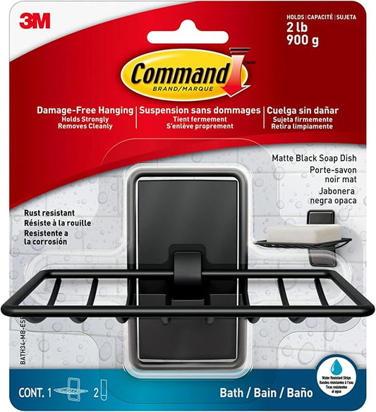 Command Soap Dish for Shower, Damage-Free Hanging, No Tools Soap Holder for Bathroom Organization, 1 Matte Black Dish and 2 Water-Resistant Command Strips-NeatNest