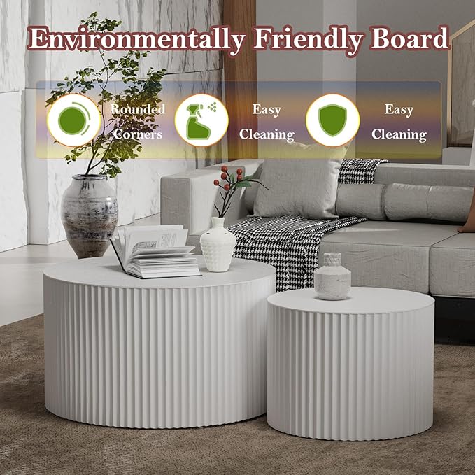 Round Nesting Coffee Table White Modern Circular Stripe Coffee Tables Set of 2 No Assembling for Small Space - Living Room Study Balcony (J-27.6+19.7in)