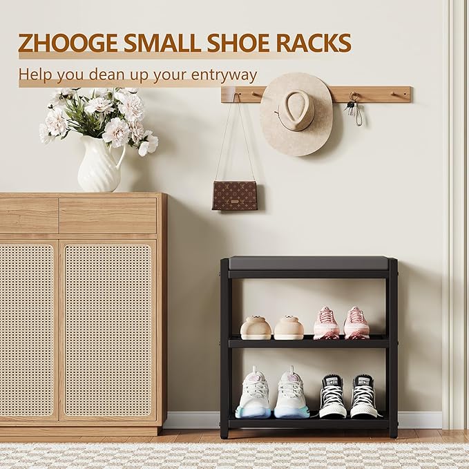 ZHOOGE Small Shoe Bench Shoe Rack Storage Bench Entryway Bench Shoe Shelf with Seat Cushion, Stable Shoe Organizer for Entryway, Living Room, Bench Seat Holds Up to 300 lb, (17"x 10"x 16", L x W x H)-NeatNest