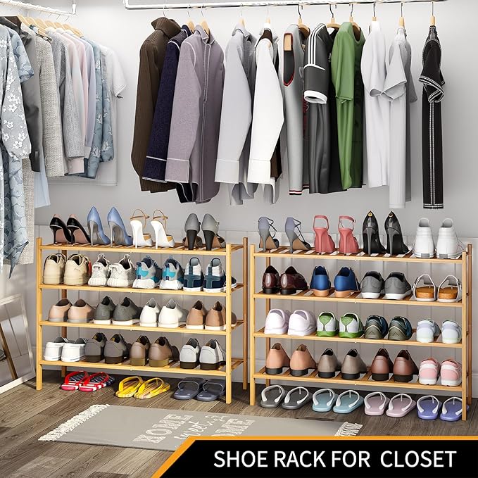 Long Shoe Rack, 4-Tier Bamboo Stackable Shoe Shelf Storage Organizer, Shoe Stand for Closet, Entryway and Hallway-NeatNest