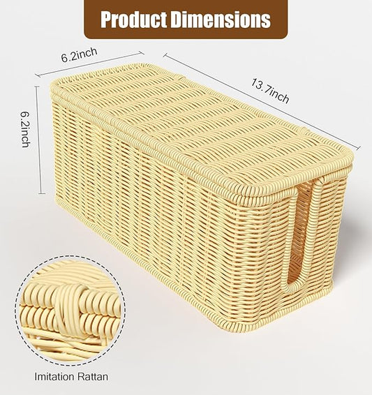 Cable Management Box,Handwoven Imitation Rattan Cord Hider Organizer Box with Lid,2 Open Slots Cable Organizer Box for Tv Computer USB Hub to Hide Power Strips & Cords-13.7" L*6.2" W-Beige-NeatNest